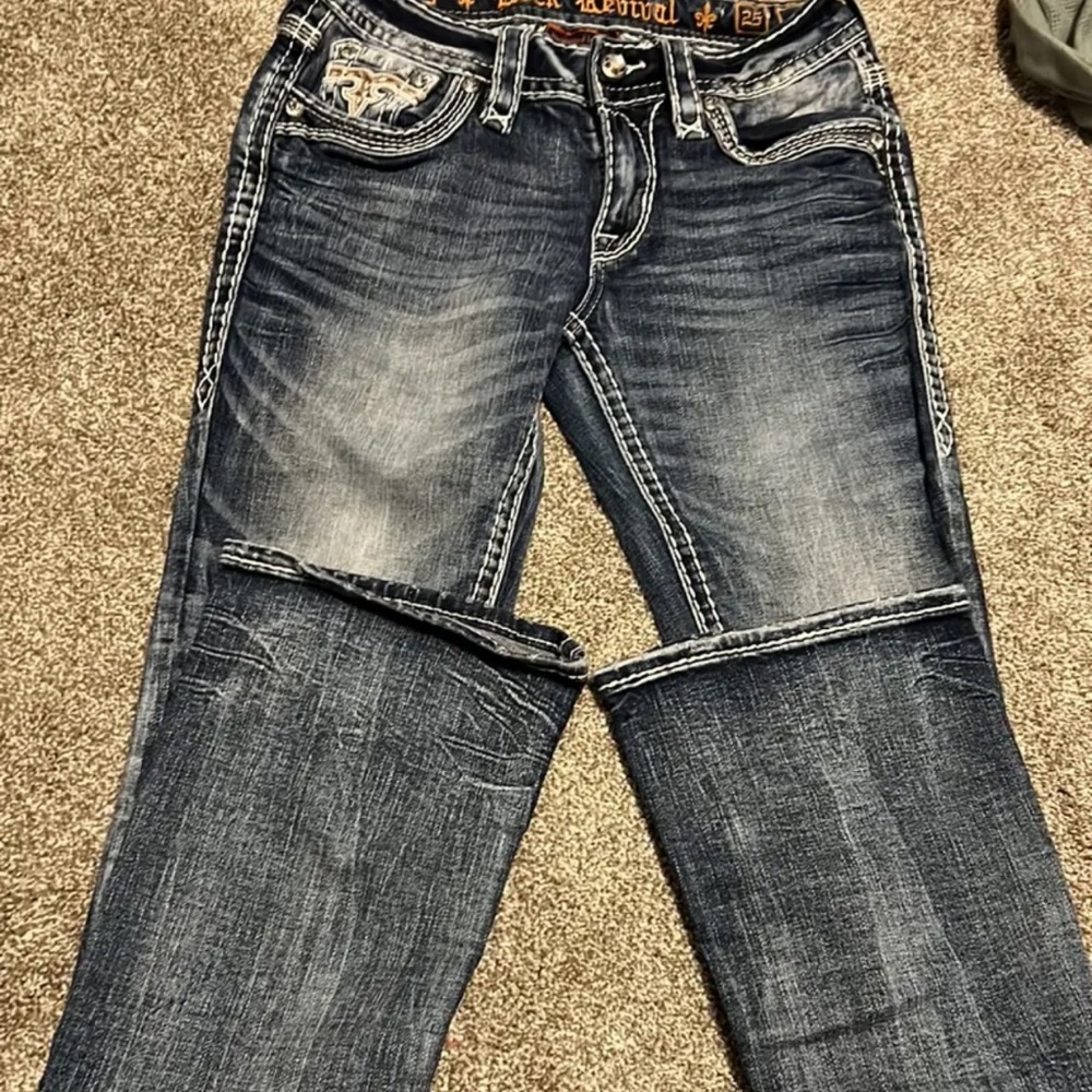 Rock Revival Blue Denim Jeans with White Stitching